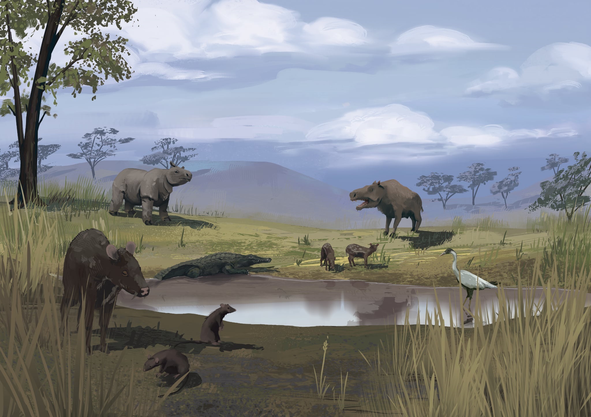 Illustration d'un paysage du Cénozoïque après la disparition des dinosaures